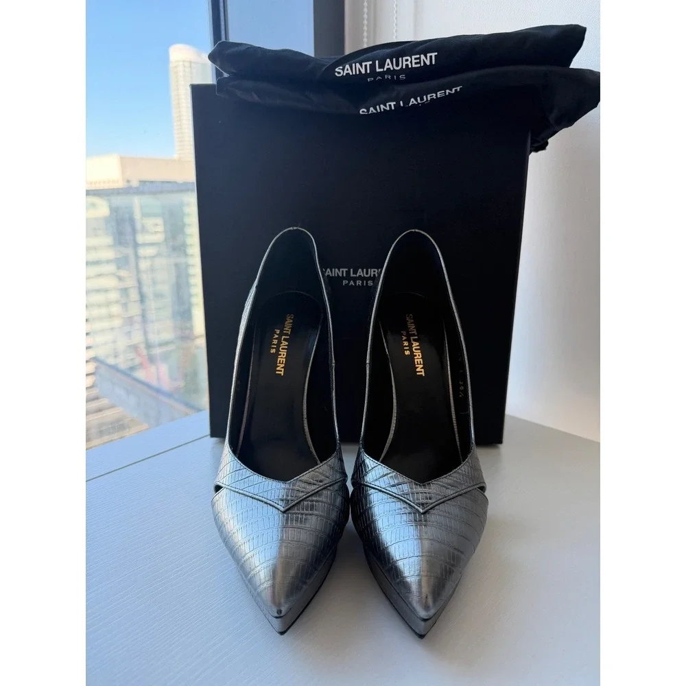 Saint Laurent Tejus Croc Embossed Platform Pumps Graphite EU 38.5